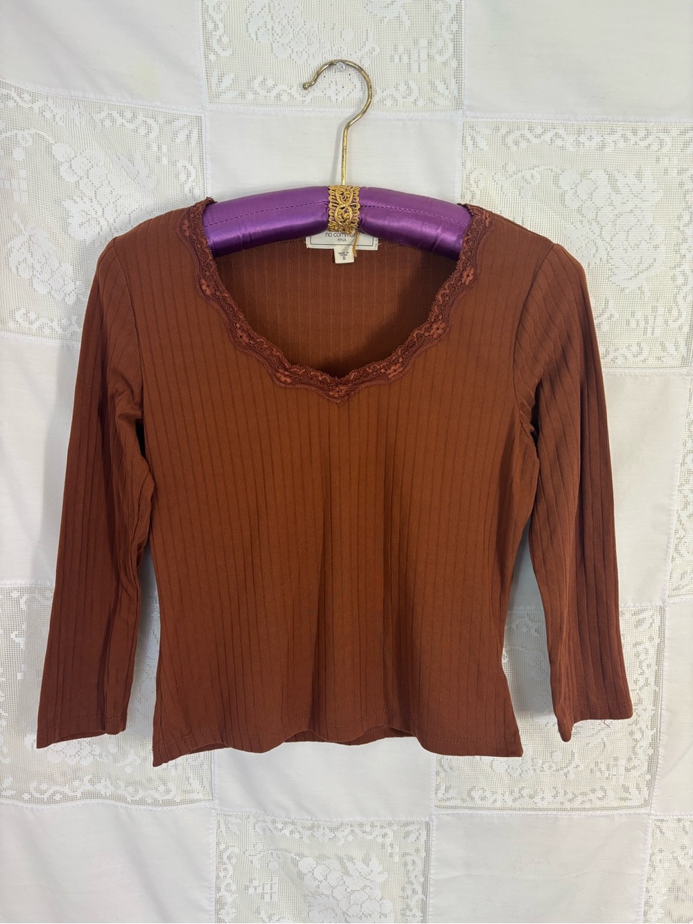 Brown Ribbed Lace-Trim 3/4 Sleeve Cottage Boho Coquette Top Size S-M